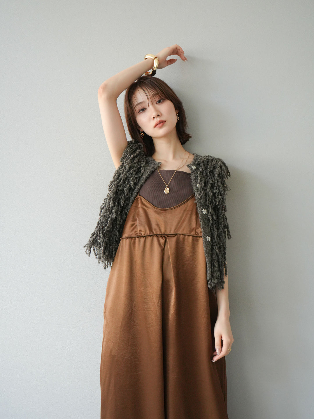 [予約]フリンジループニットベスト/ブラウン