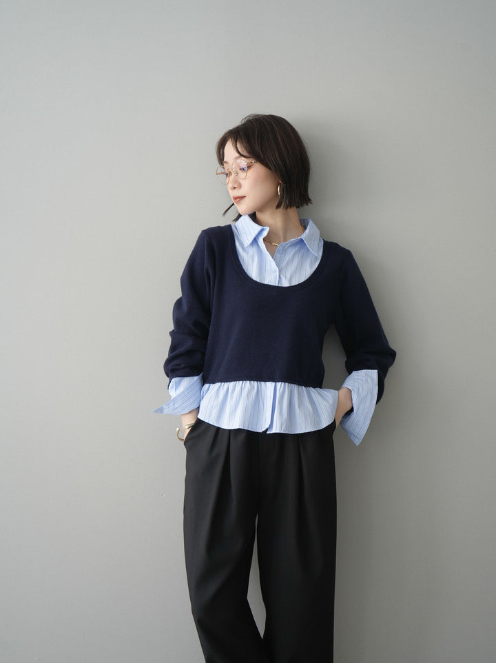 [SET]ストライプシャツUネックドッキングニットプルオーバー+選べるアクセセット(2set)