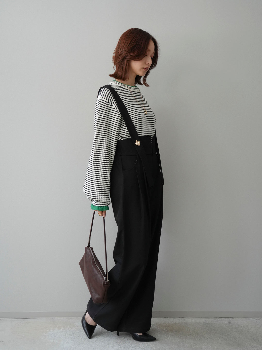 [SET]ラメ異素材ボーダーリブニットプルオーバー+ゴールドボタンサスペンダーワイドパンツ(2set)