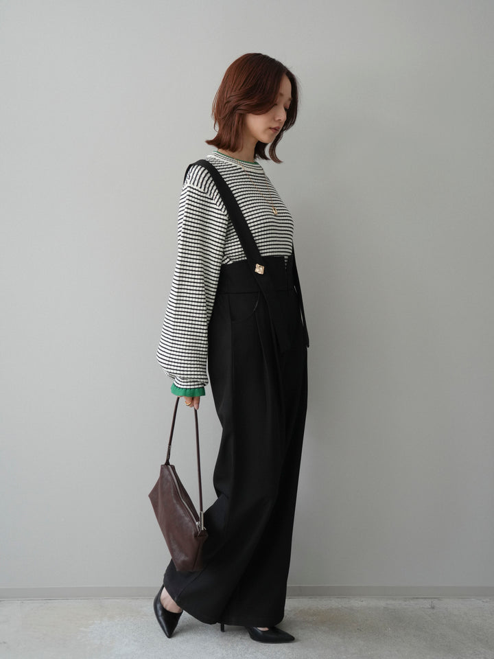 [SET]ラメ異素材ボーダーリブニットプルオーバー+ゴールドボタンサスペンダーワイドパンツ(2set)