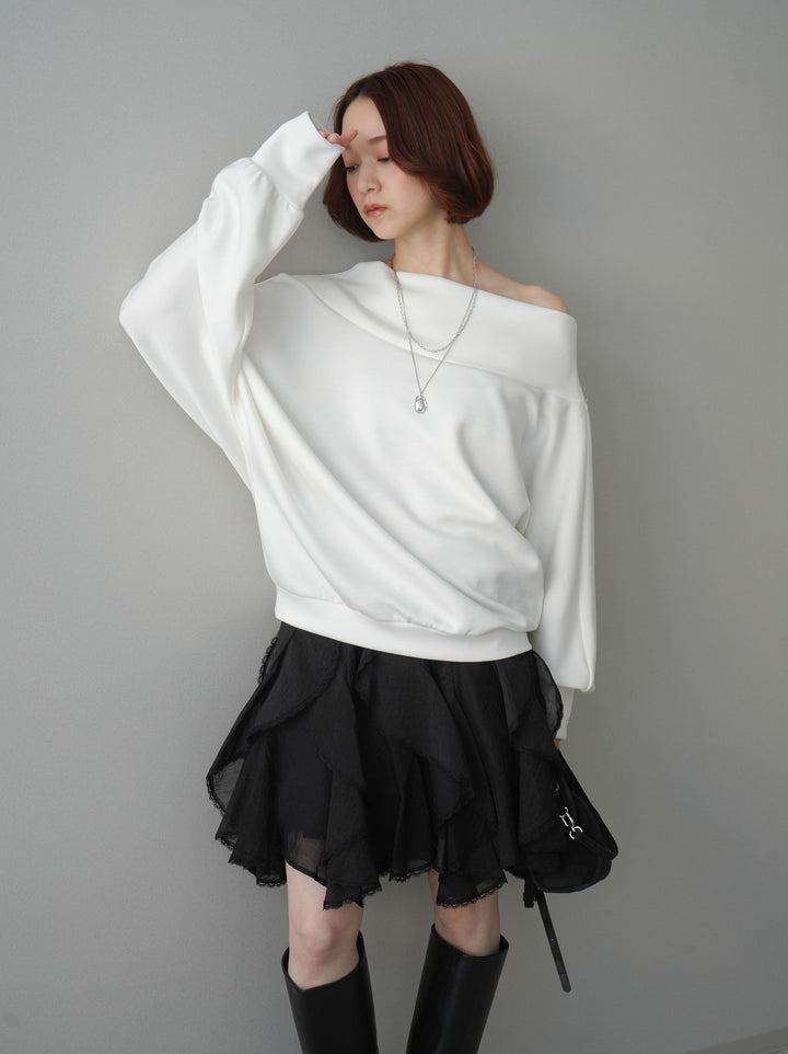 [SET]アシンメトリーオフショルポンチプルオーバー+ラッフルレースミニスカート(2set)
