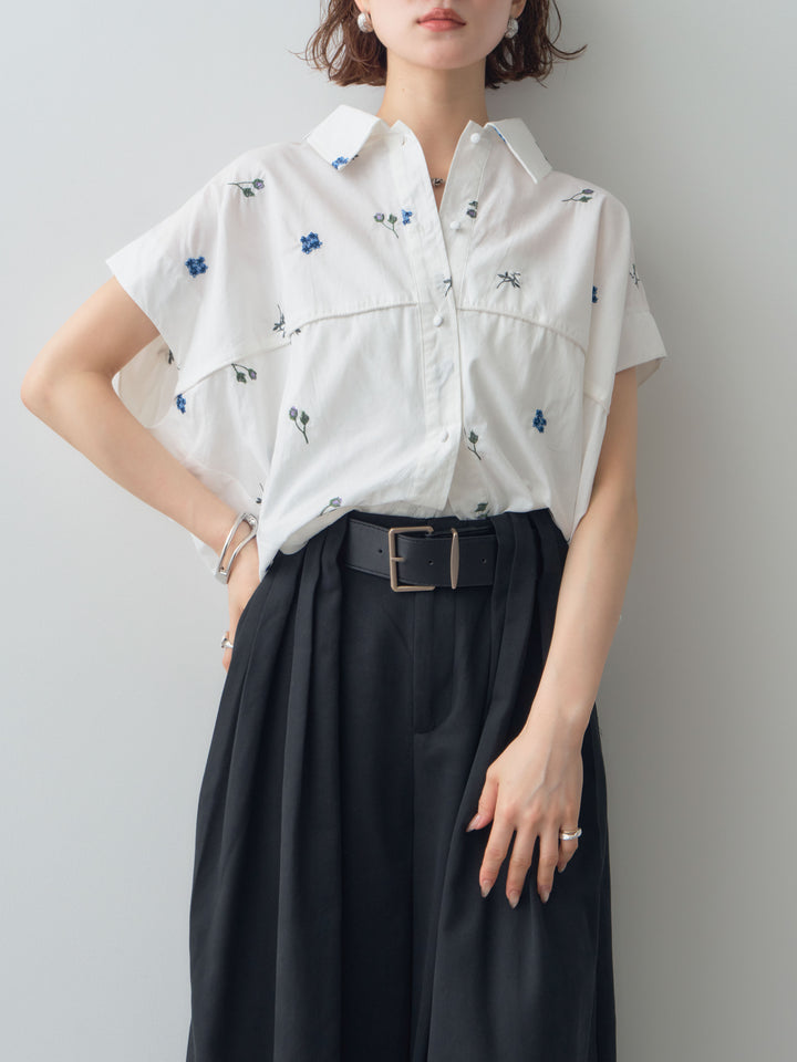 【套裝】花卉刺繡燈籠無袖襯衫+腰帶設計環扣闊腿褲（兩件套）