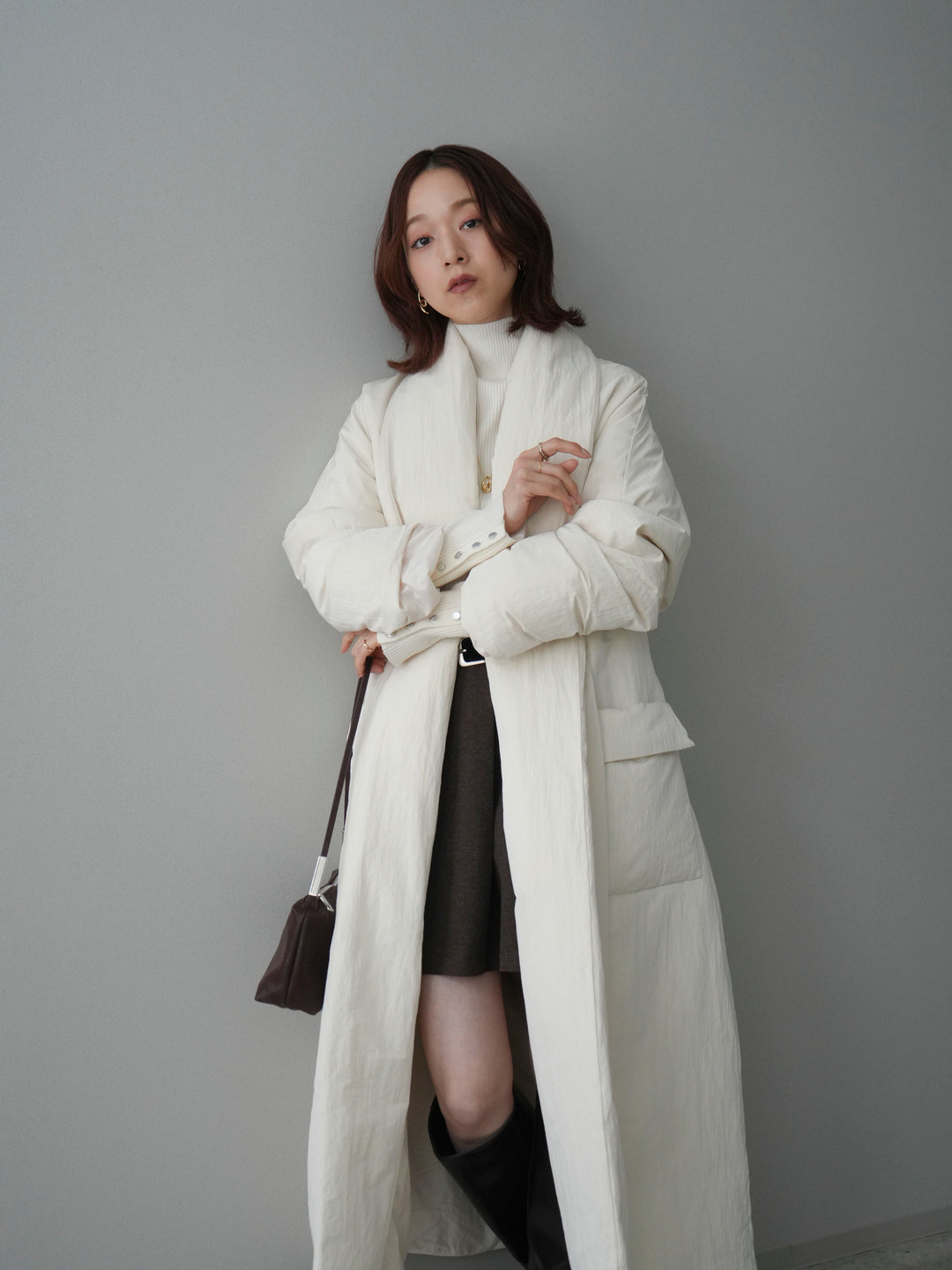 [SET]ロングダウンコート+ベルト付きタックミニスカート(2set)