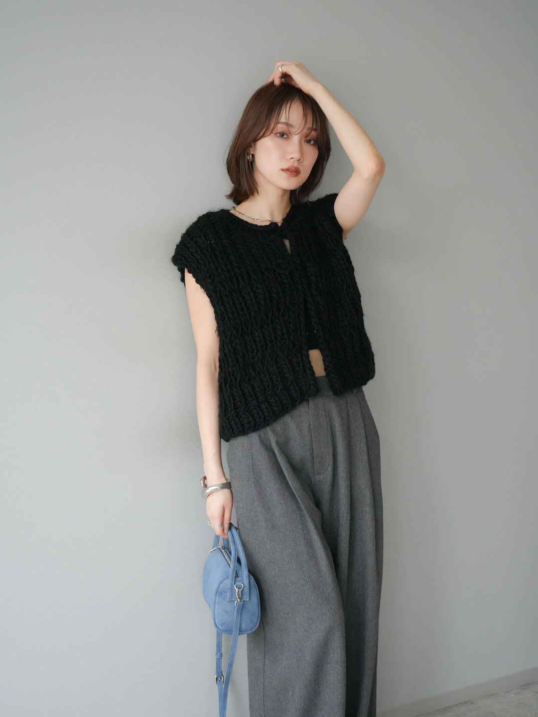 [SET] 手編繩結背心+粗花呢觸感褶皺寬褲（2件組）