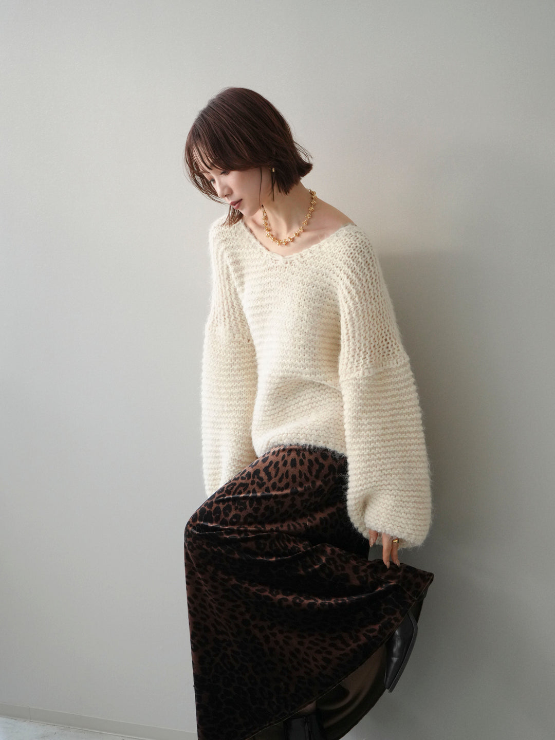 [SET]ワッフル編みシャギーニットプルオーバー+選べるアクセセット(2set)