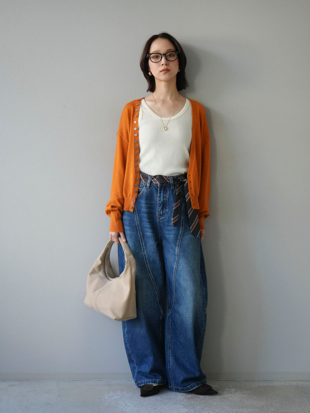 [予約]デザインボタンニットカーディガン＆タンクトップSET/オレンジ