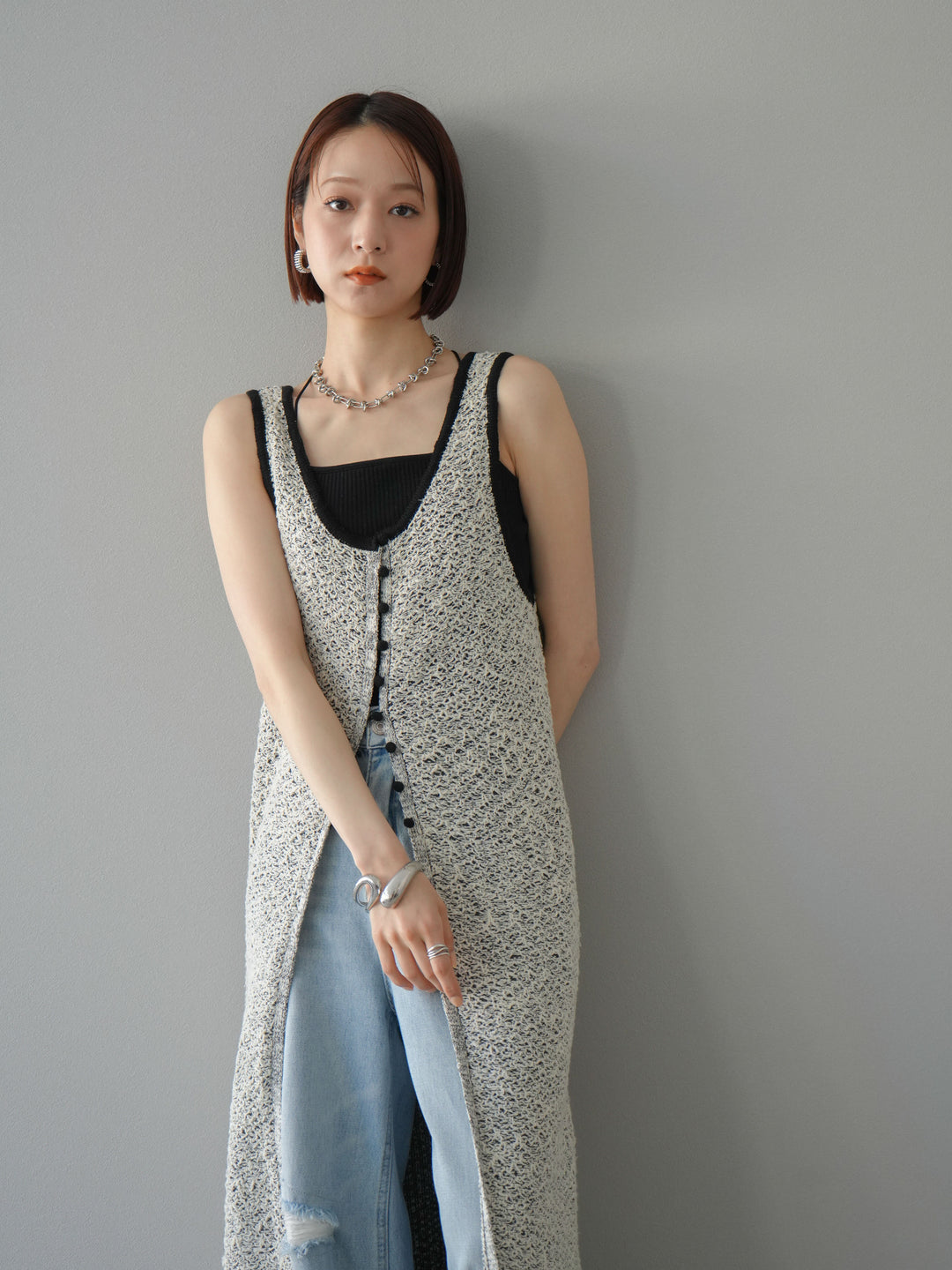 【預購】混紗前開衩洋裝/黑色