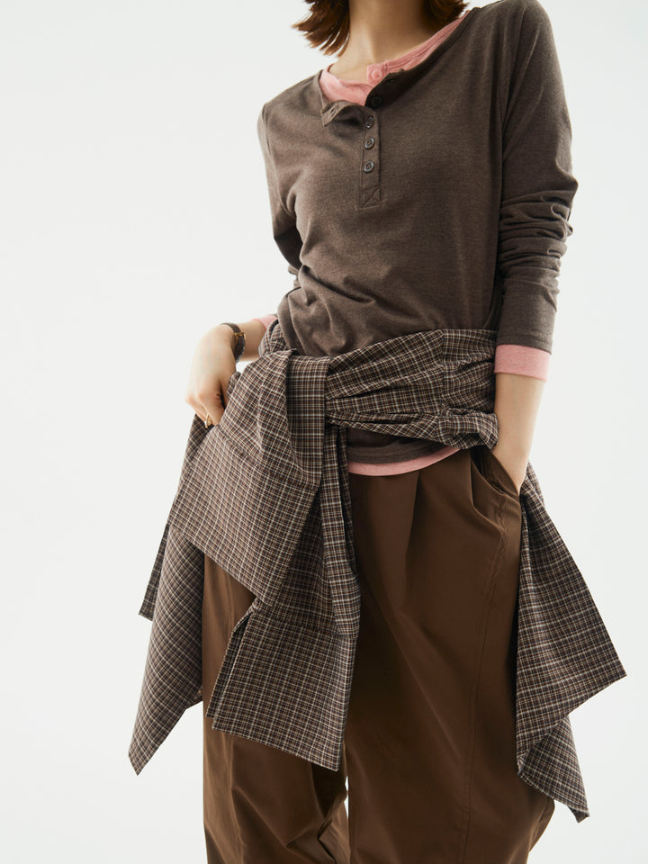 【Allure】[SET]配色レイヤードヘンリーネックトップス+タフタワイドカーブパンツ+チェックBIGカフスオーバーシャツ(3set)