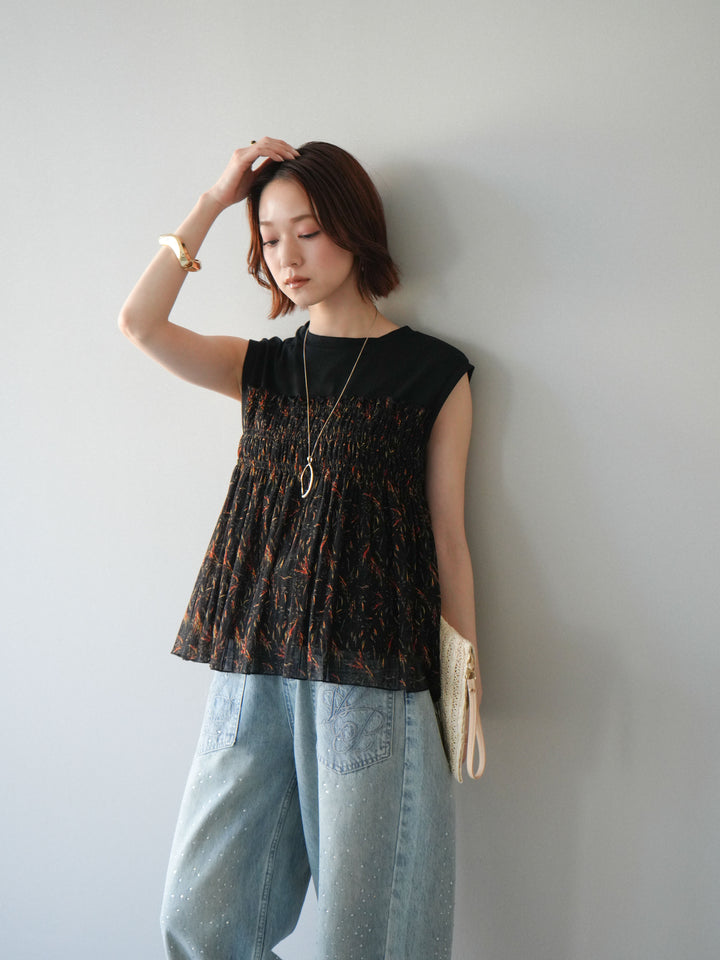 [予約]チュールプリントノースリーブトップス/black