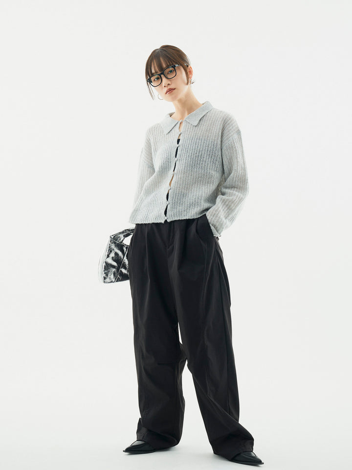 【Allure】[SET]起毛片畦編みシアーポロニット+タフタワイドカーブパンツ(2set)