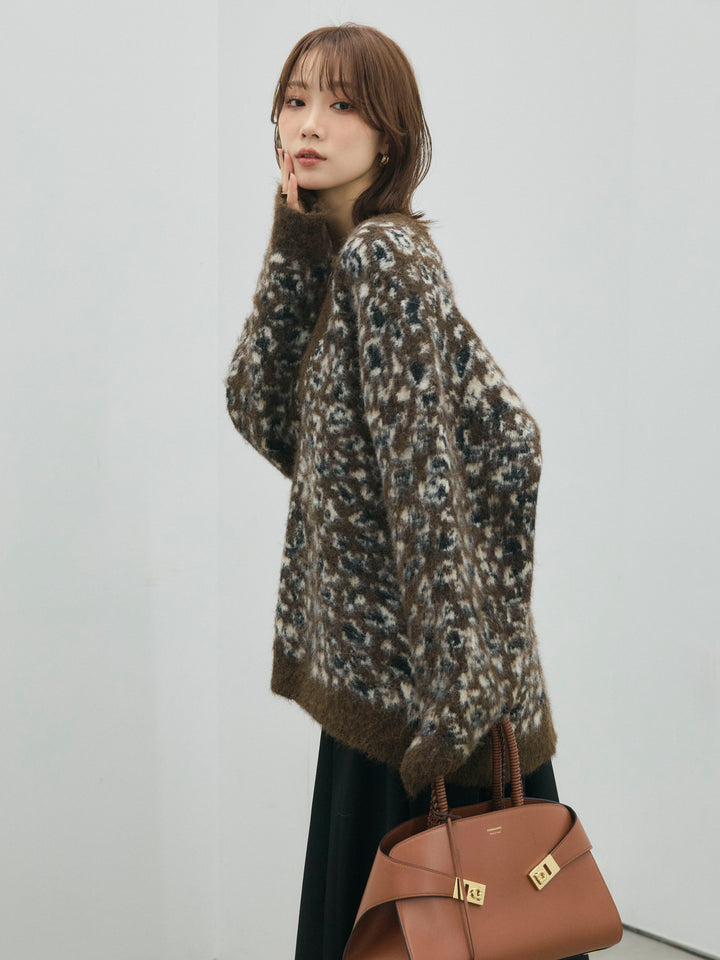【Allure】[SET]レオパードシャギーニットカーディガン+ウールタッチフレアスカート(2set)