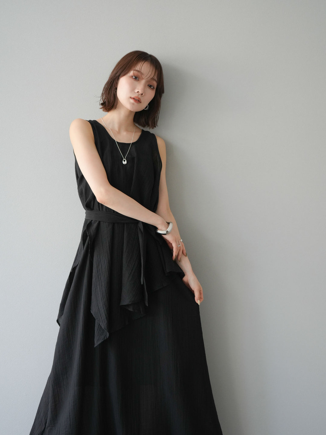 [SET]ワッシャーシアーアシメブラウス＆キャミワンピース+選べるアクセセット(2set)