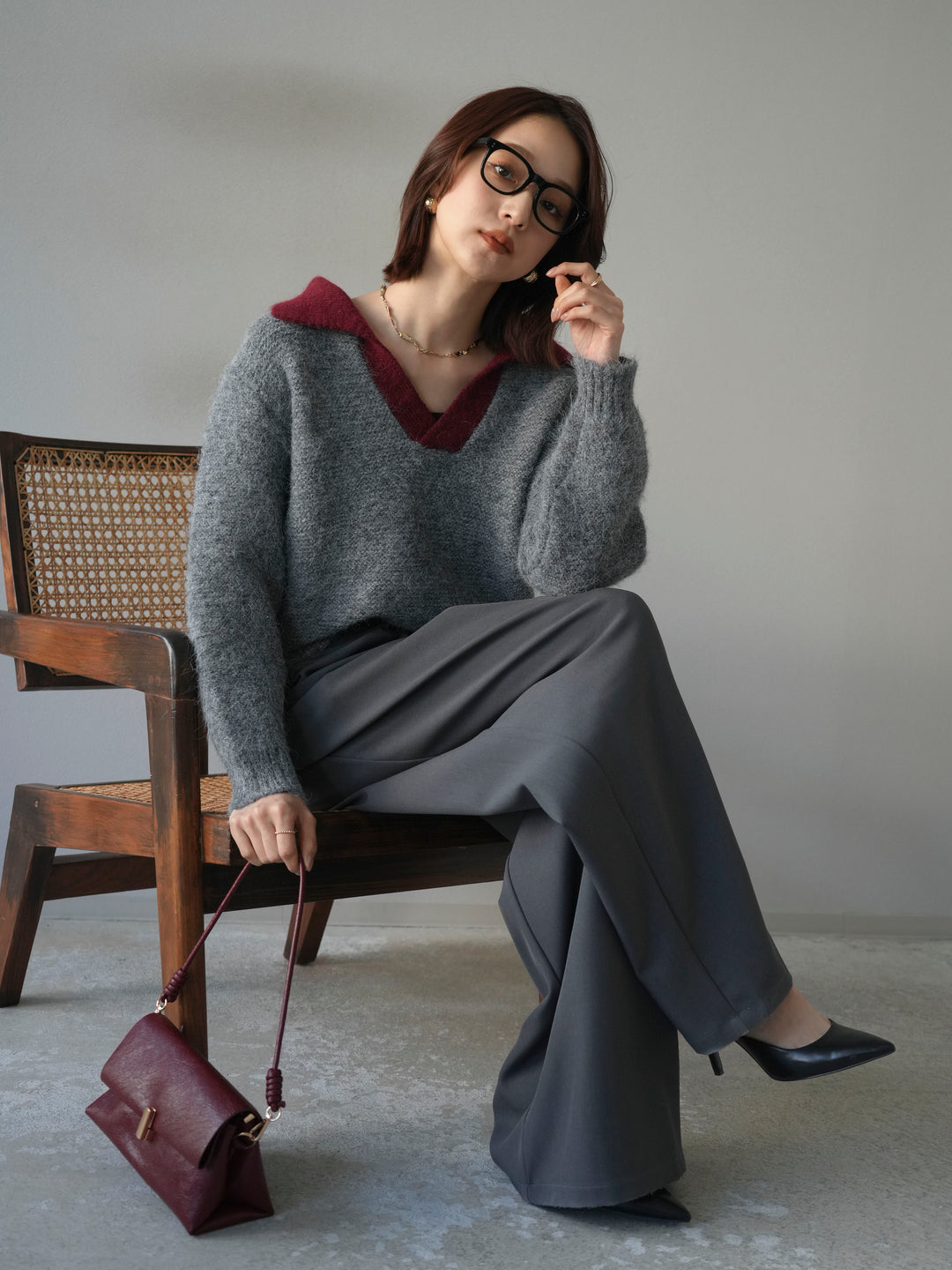 [SET]バイカラー襟付きニットプルオーバー+ベルトループデザインワイドパンツ(2set)