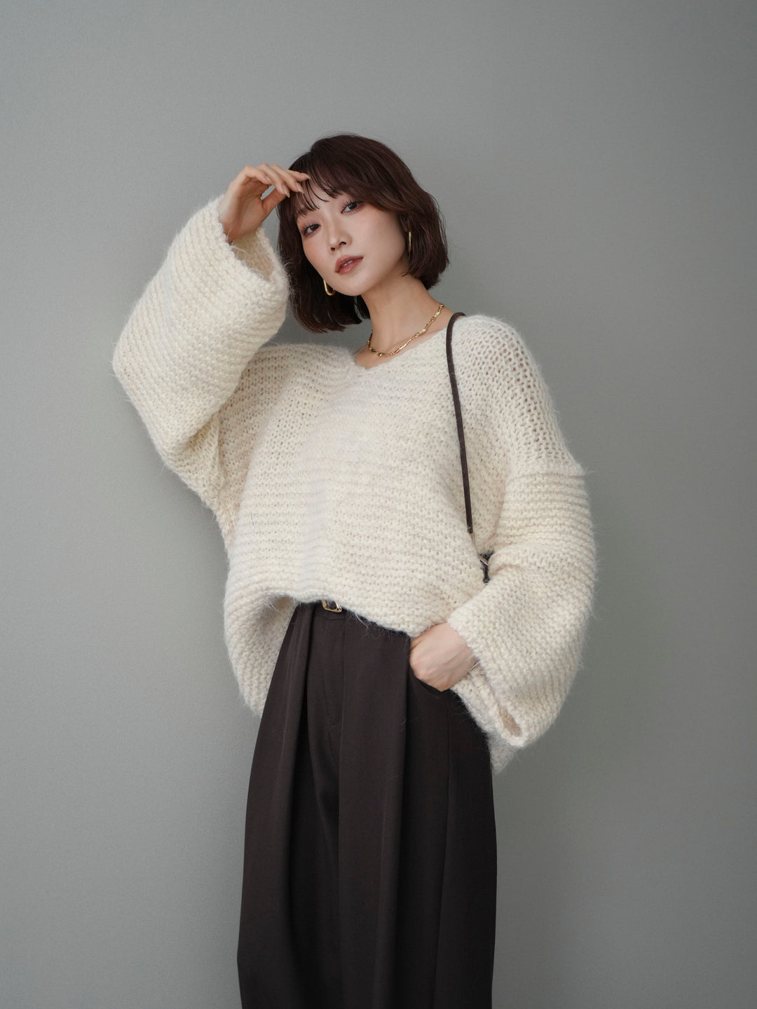 [予約]ワッフル編みシャギーニットプルオーバー/apricot