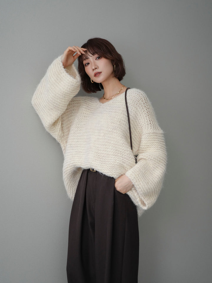 [予約]ワッフル編みシャギーニットプルオーバー/apricot