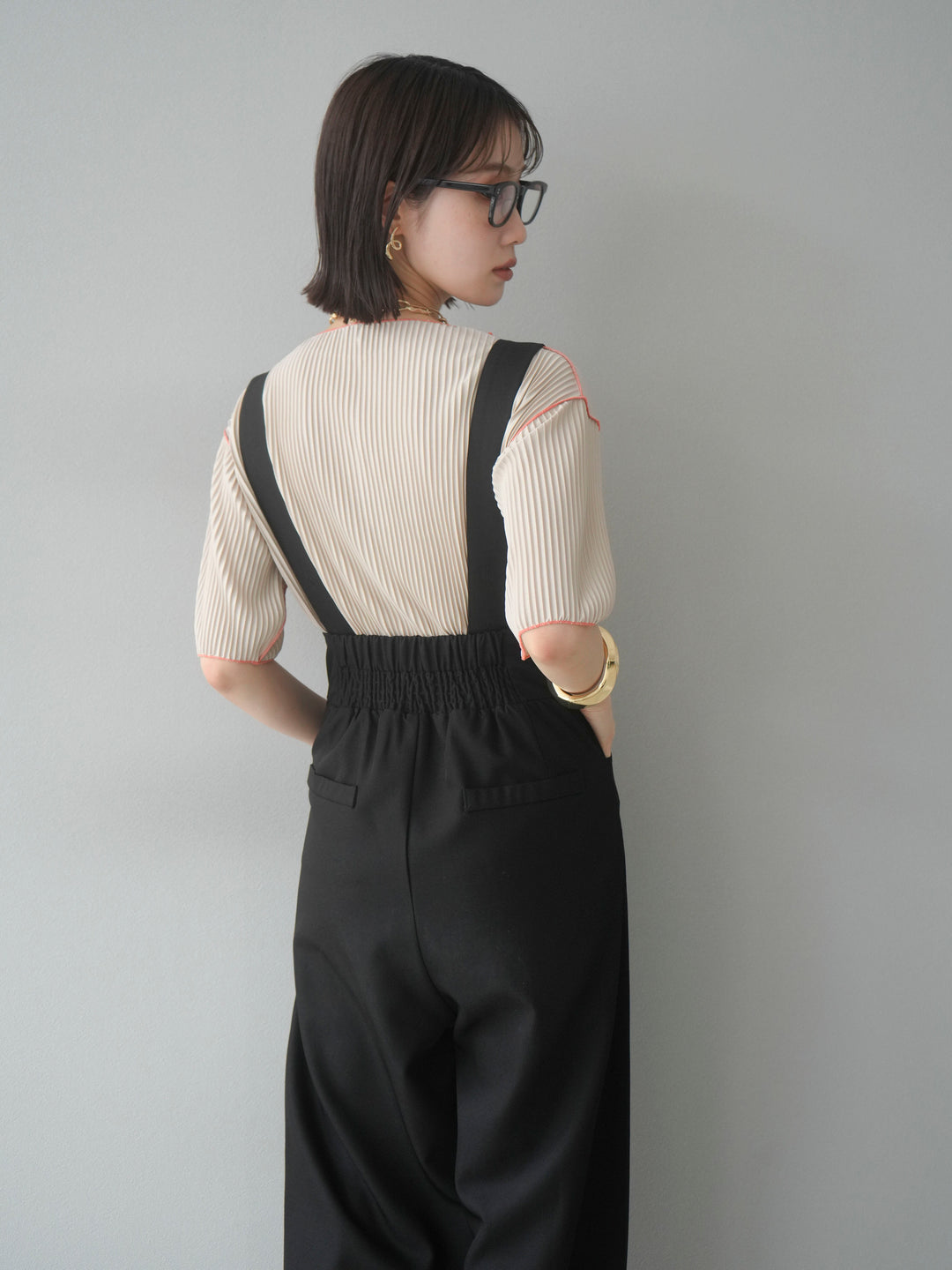 【SET】配色褶皺半袖上衣 + 配色褶皺半袖上衣 (2 件套)