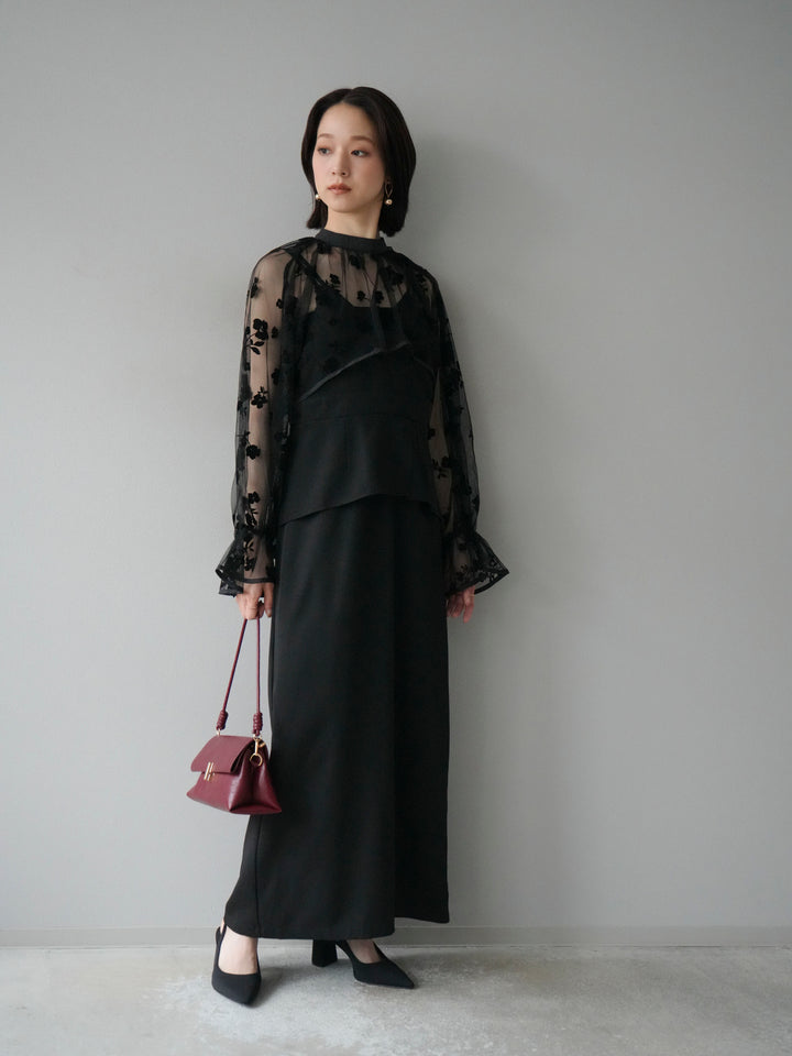 [予約]チュールフラワーフロッキーショートブラウス/ブラック