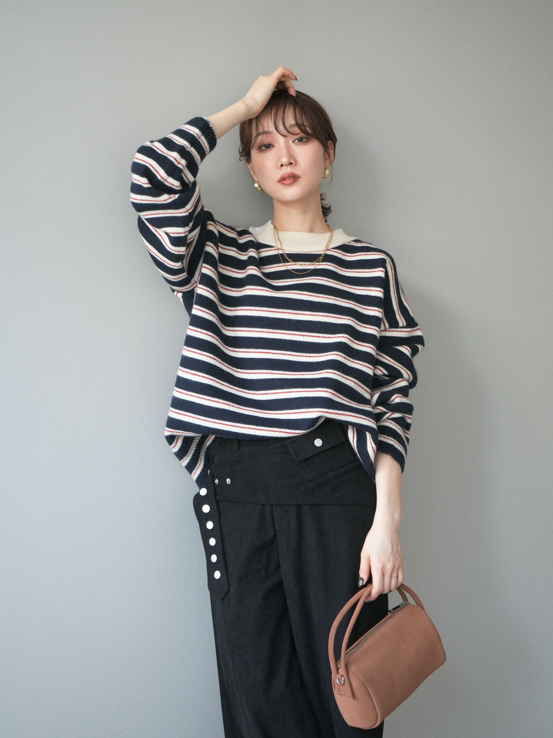 [予約]モックネックボーダーニットプルオーバー/navy