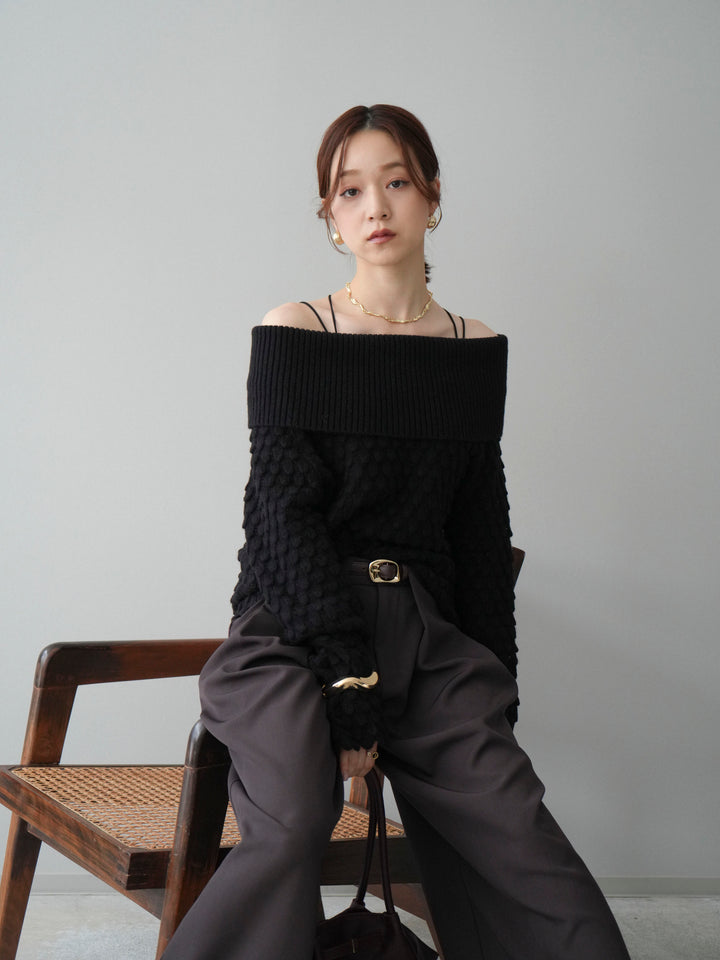 [SET]ポコポコ編みオフショルニットプルオーバー+ベルトループデザインワイドパンツ(2set)