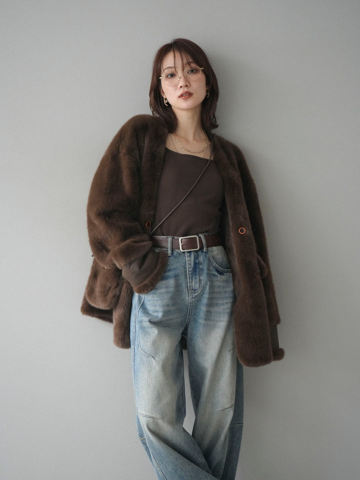 [SET]バッグ付エコファーノーカラーコート+ベルト付カーブデニムパンツ(2set)