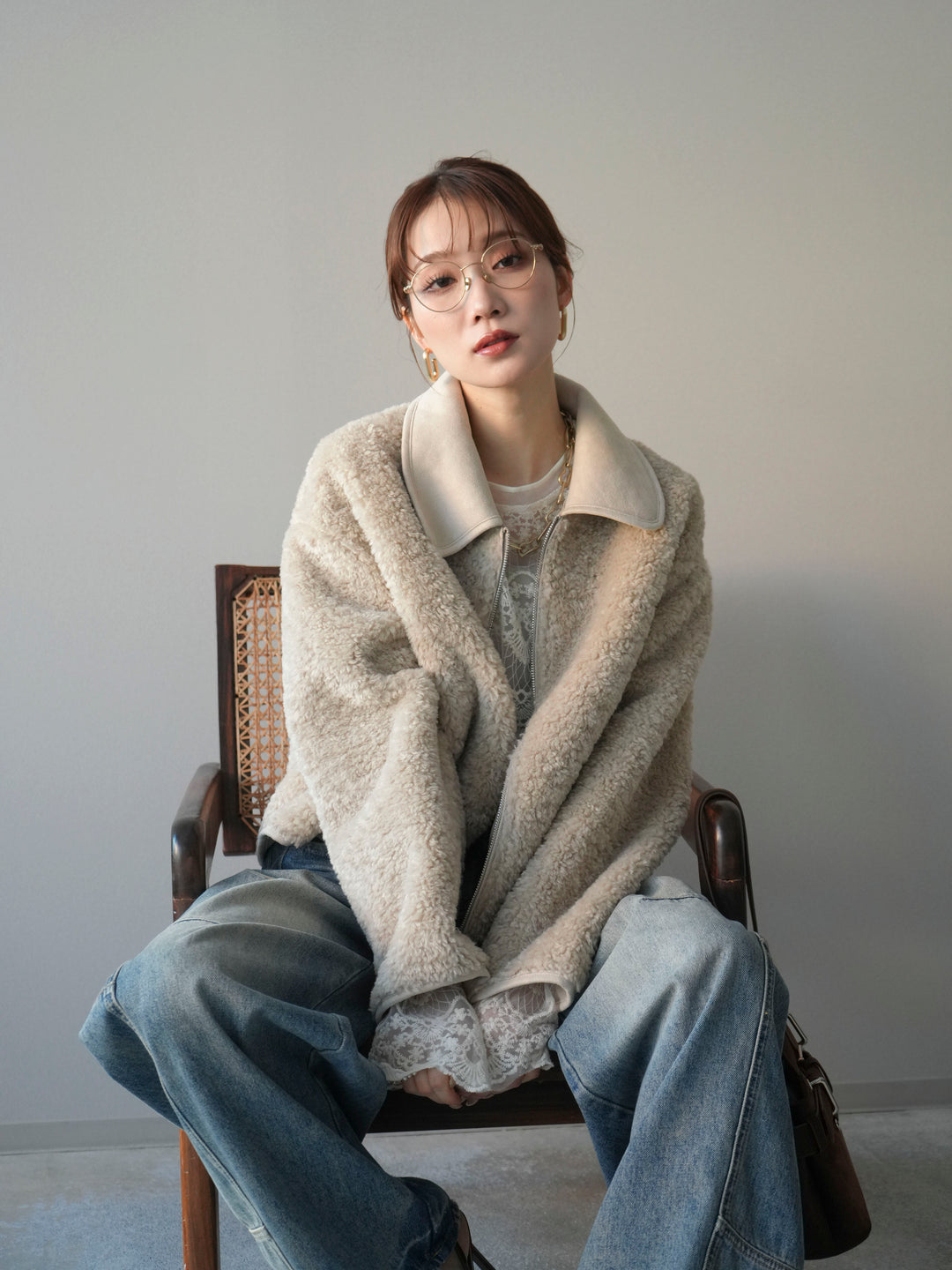 [予約]スエード襟ボアショートジャケット/beige