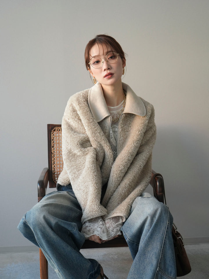 [予約]スエード襟ボアショートジャケット/beige