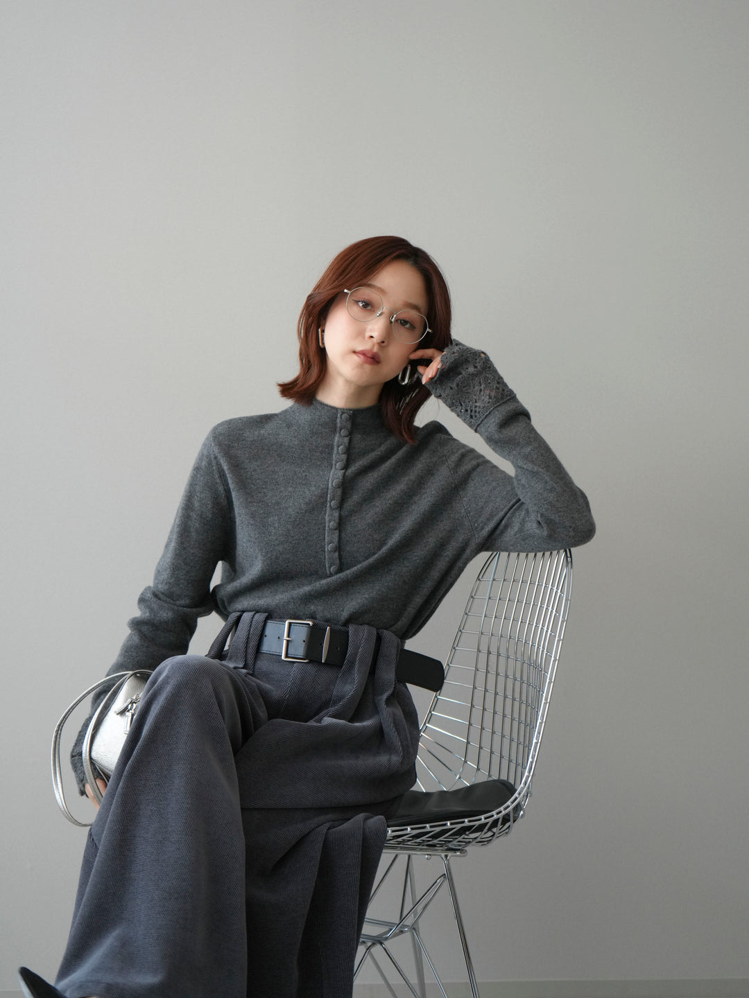 [SET]袖スカラップレースフロントボタンウールニットトップス+ベルトデザインループコールテンワイドパンツ(ベルト付き)(2set)