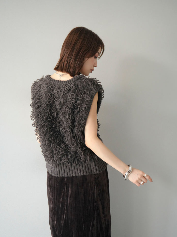 [SET]レザー襟オンブレチェックオーバーシャツ +ループデザインホックベスト +クラッシュベロアナロースカート(3set)