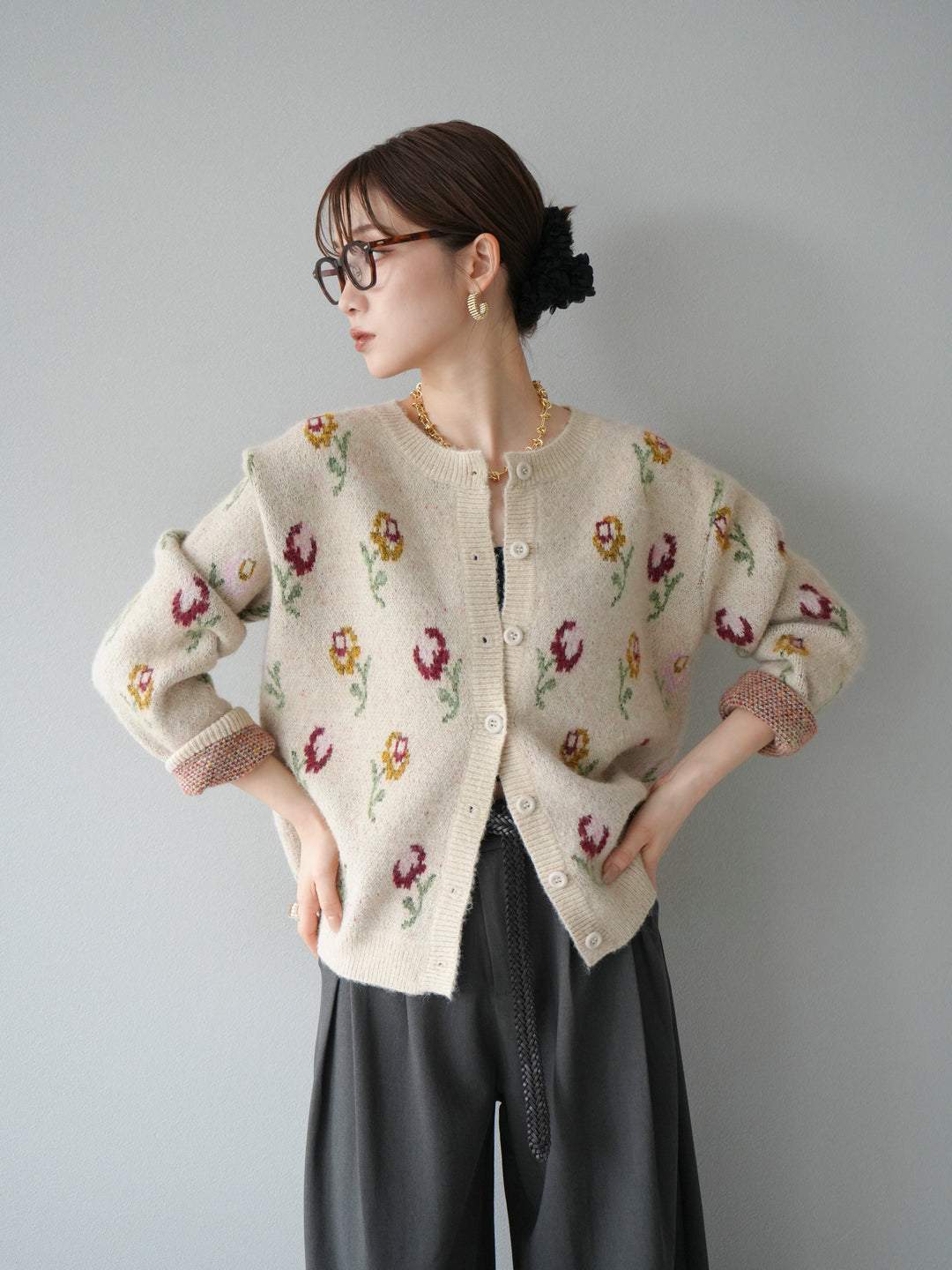 [予約]ウールタッチフラワーニットカーディガン/アイボリー