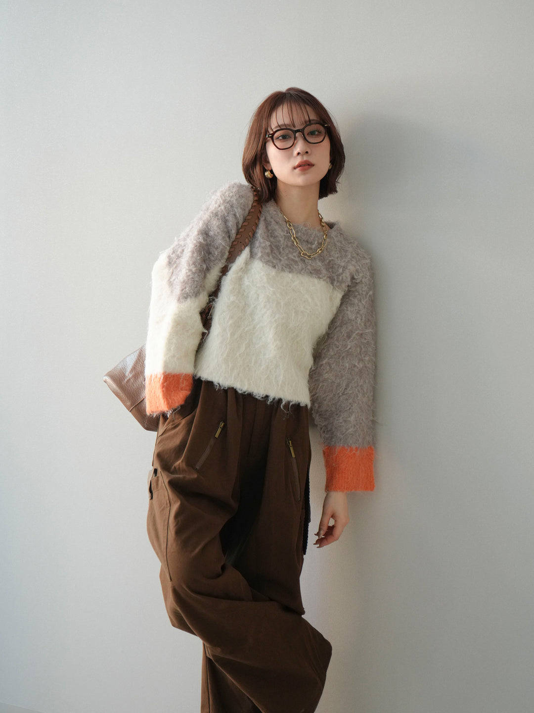 [SET]バイカラーモヘアタッチニットプルオーバー+コットンタックループパンツ(2set)