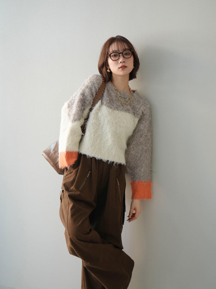 [SET]バイカラーモヘアタッチニットプルオーバー+コットンタックループパンツ(2set)