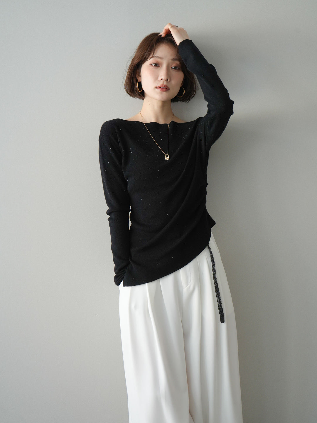 [予約]ラインストーンアシンメトリーニットトップス/black