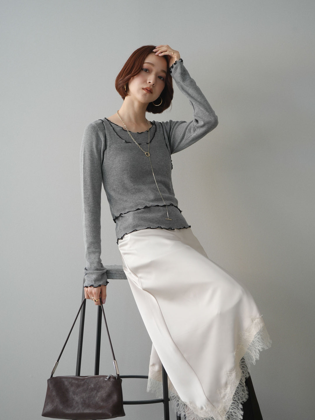 [SET]センターシームフレアパンツ+サテンライクアシメレーススカート(2set)