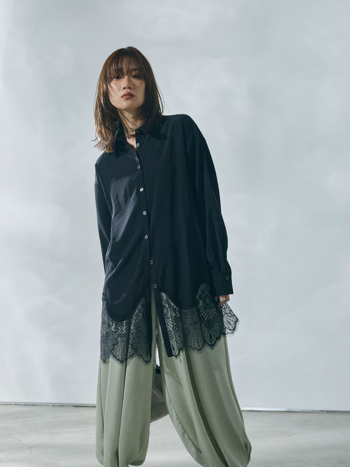 【Allure】[SET]裾レースポプリンシャツ+ワッシャーサテンタックジョガーパンツ(2set)