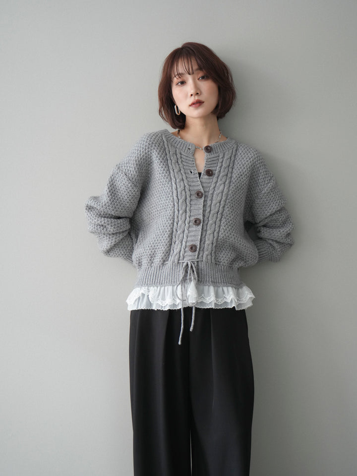 [SET]裾レースケーブルニットカーディガン+ベルトループデザインワイドパンツ(2set)