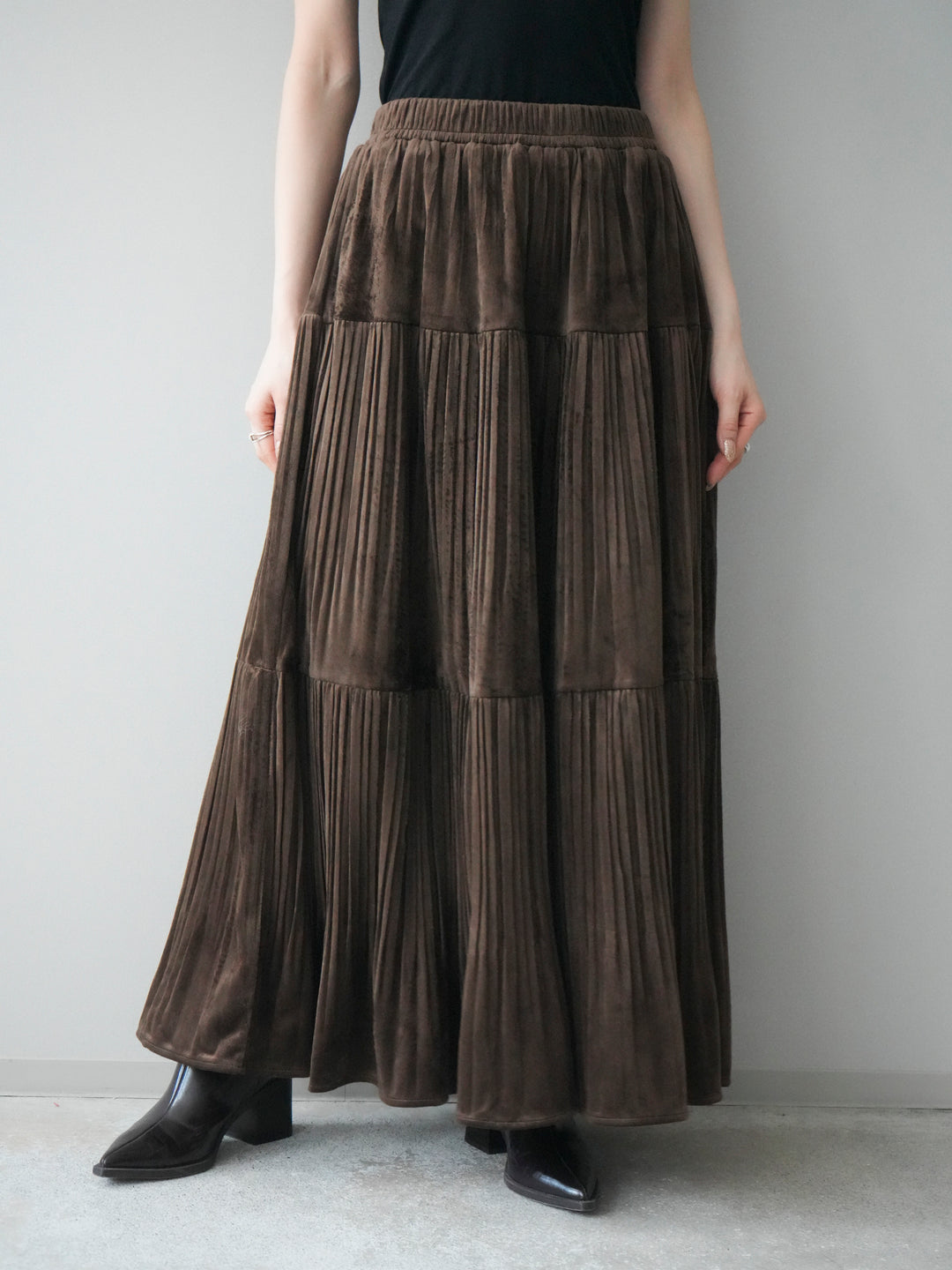 [予約]ベロアティアードワッシャースカート/camel