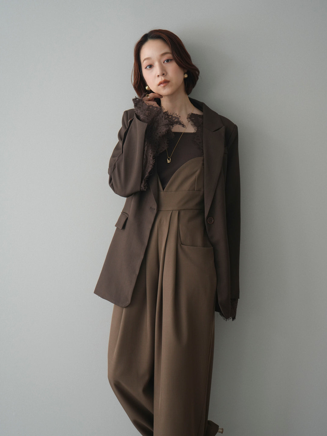 [SET]レースレイヤードスリットジャケット+バックデザインサロペット(2set)