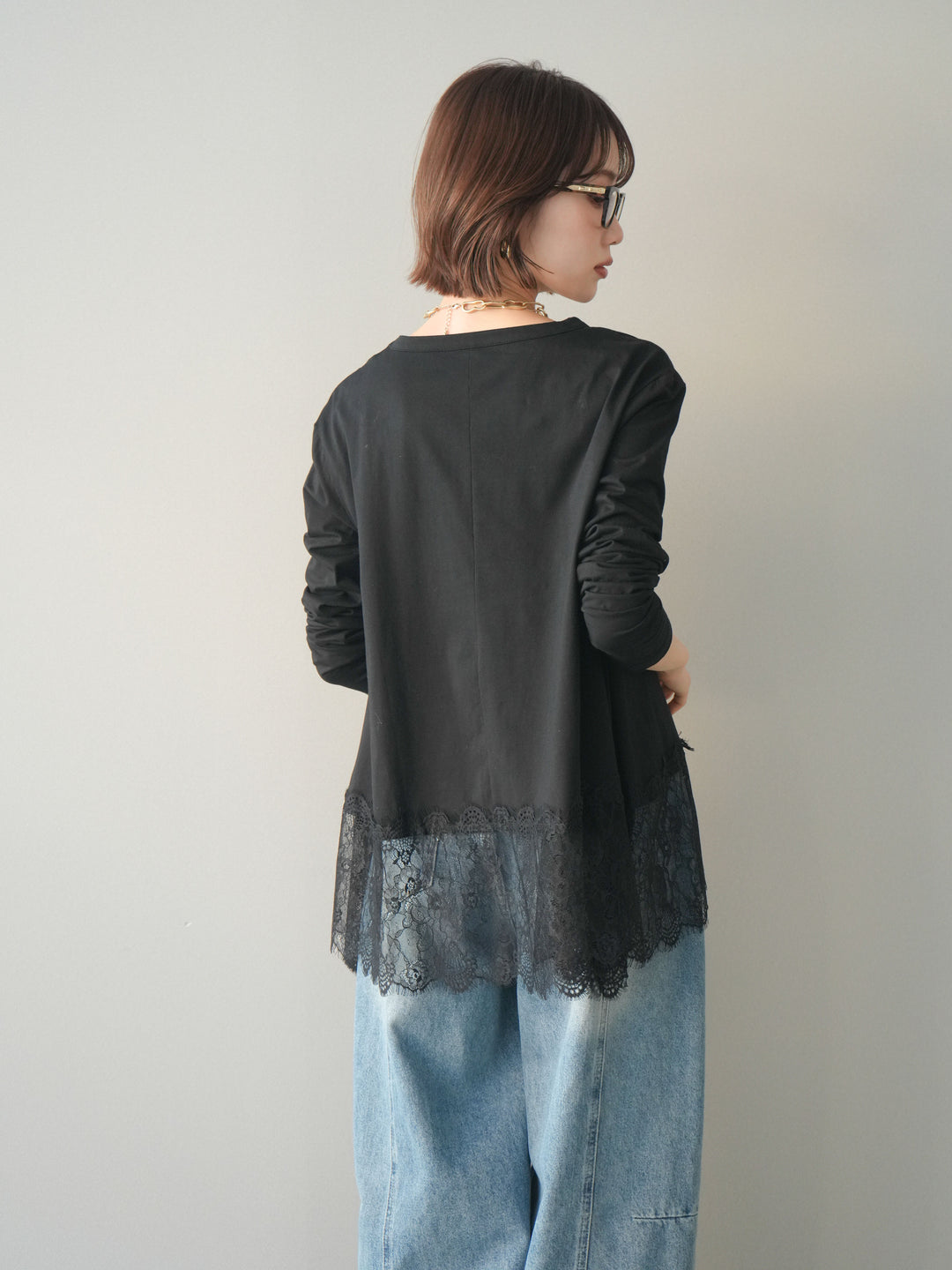 [SET]裾レースロングスリーブTシャツ+選べるアクセセット(2set)