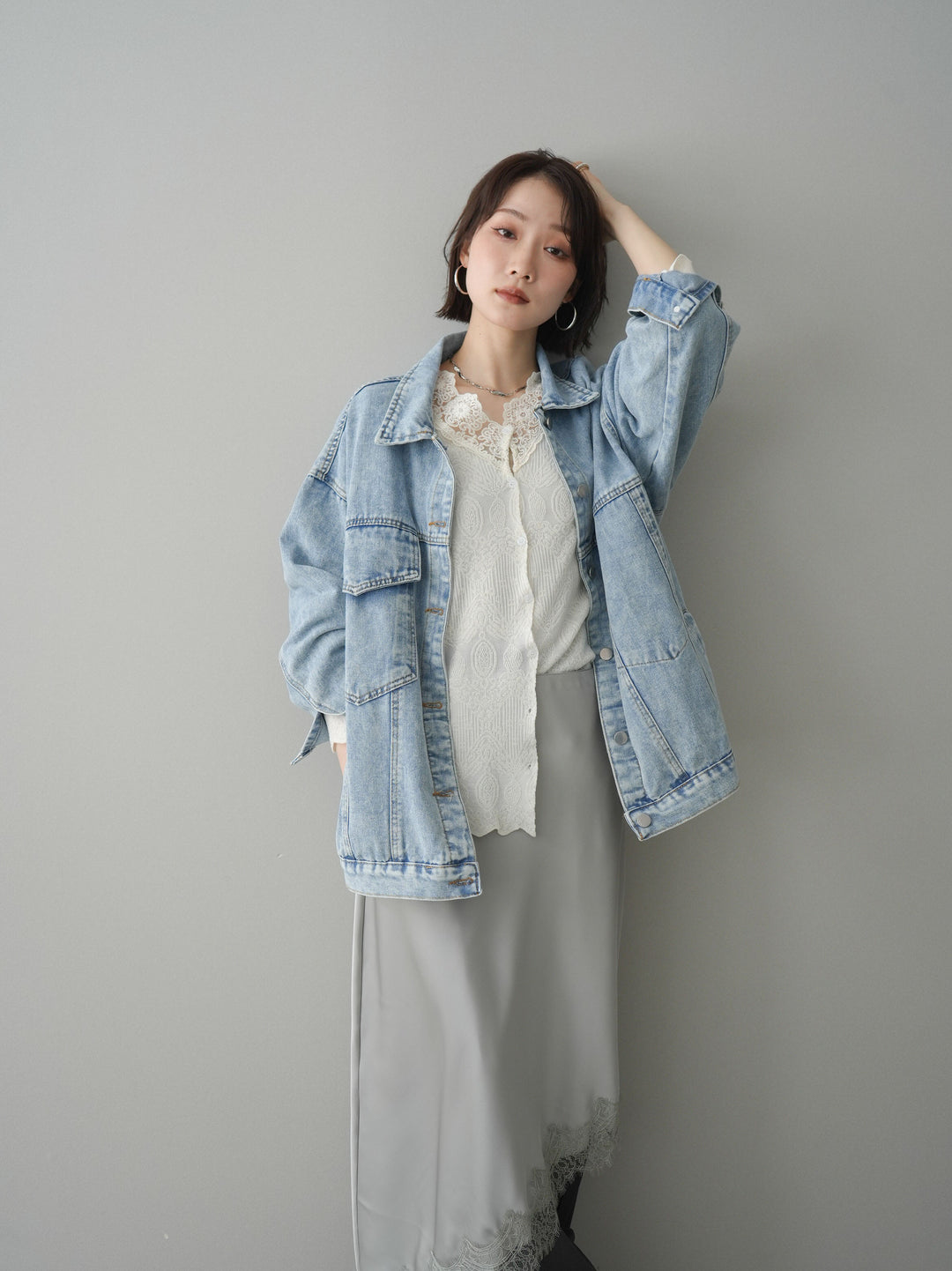 [SET]デザインBIGポケットオーバーデニムジャケット+選べるアクセセット(2set)