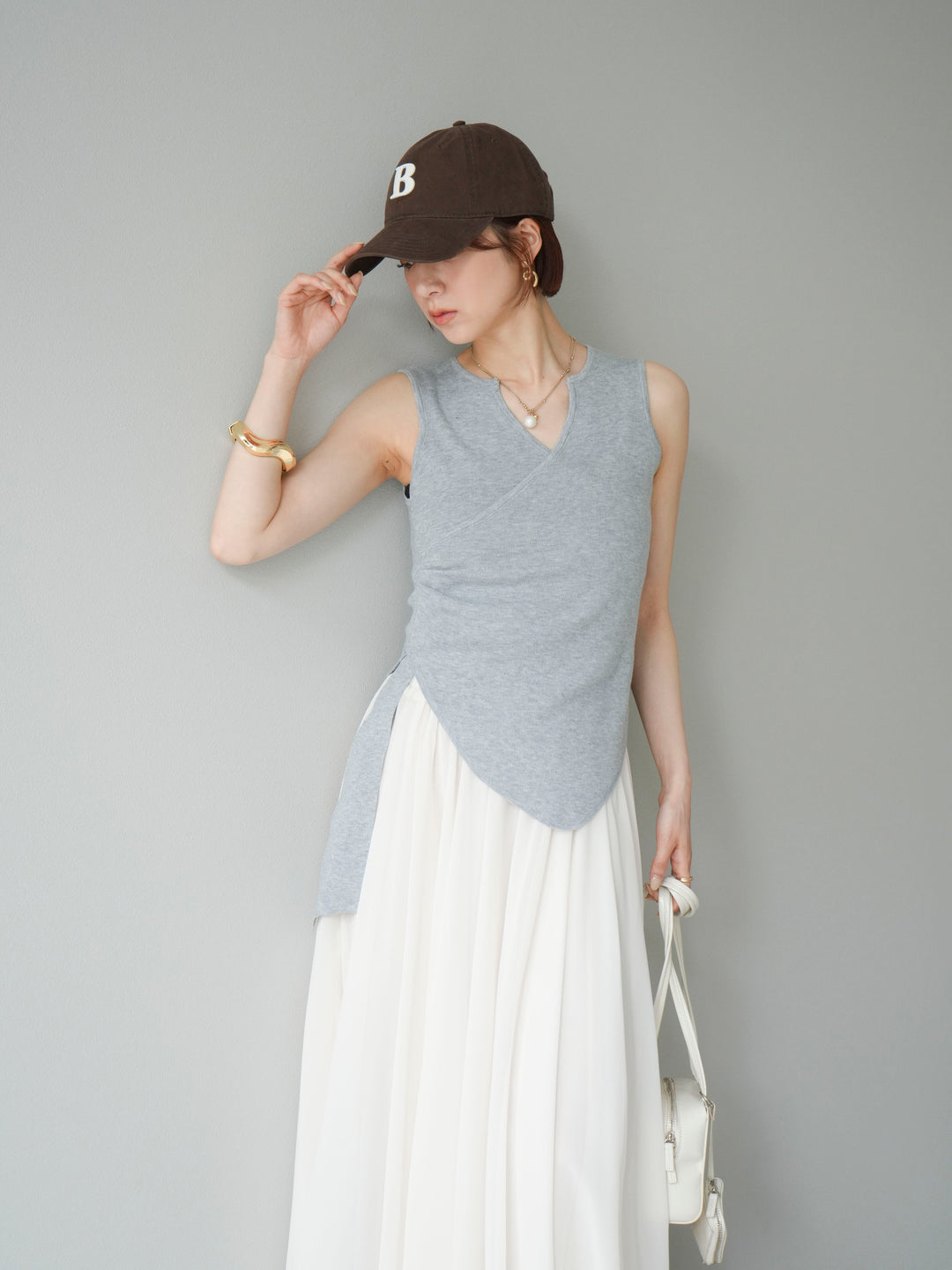 [SET]カシュクールノースリーブニットトップス+シフォンフレアスカート(2set)