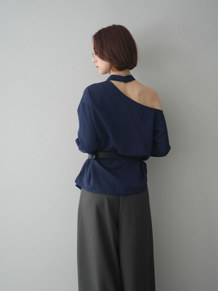 [予約]ベルト付ワンショルダースリットブラウス/blue