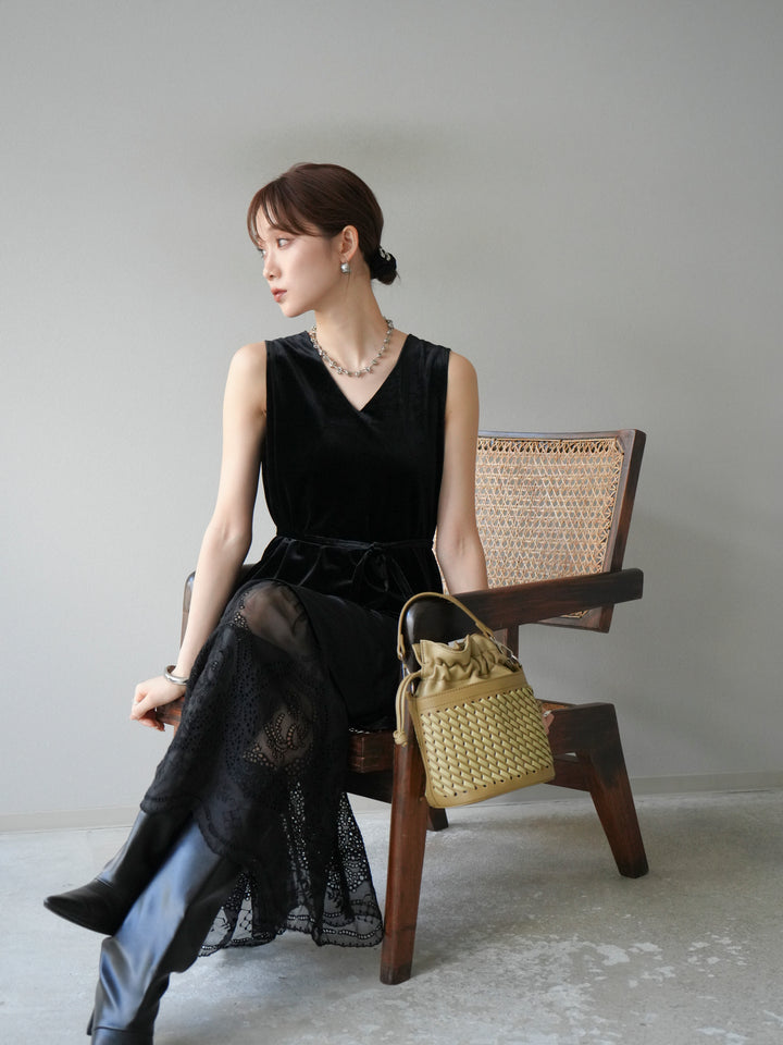 [予約]裾コットンレースベロアワンピース/ブラック