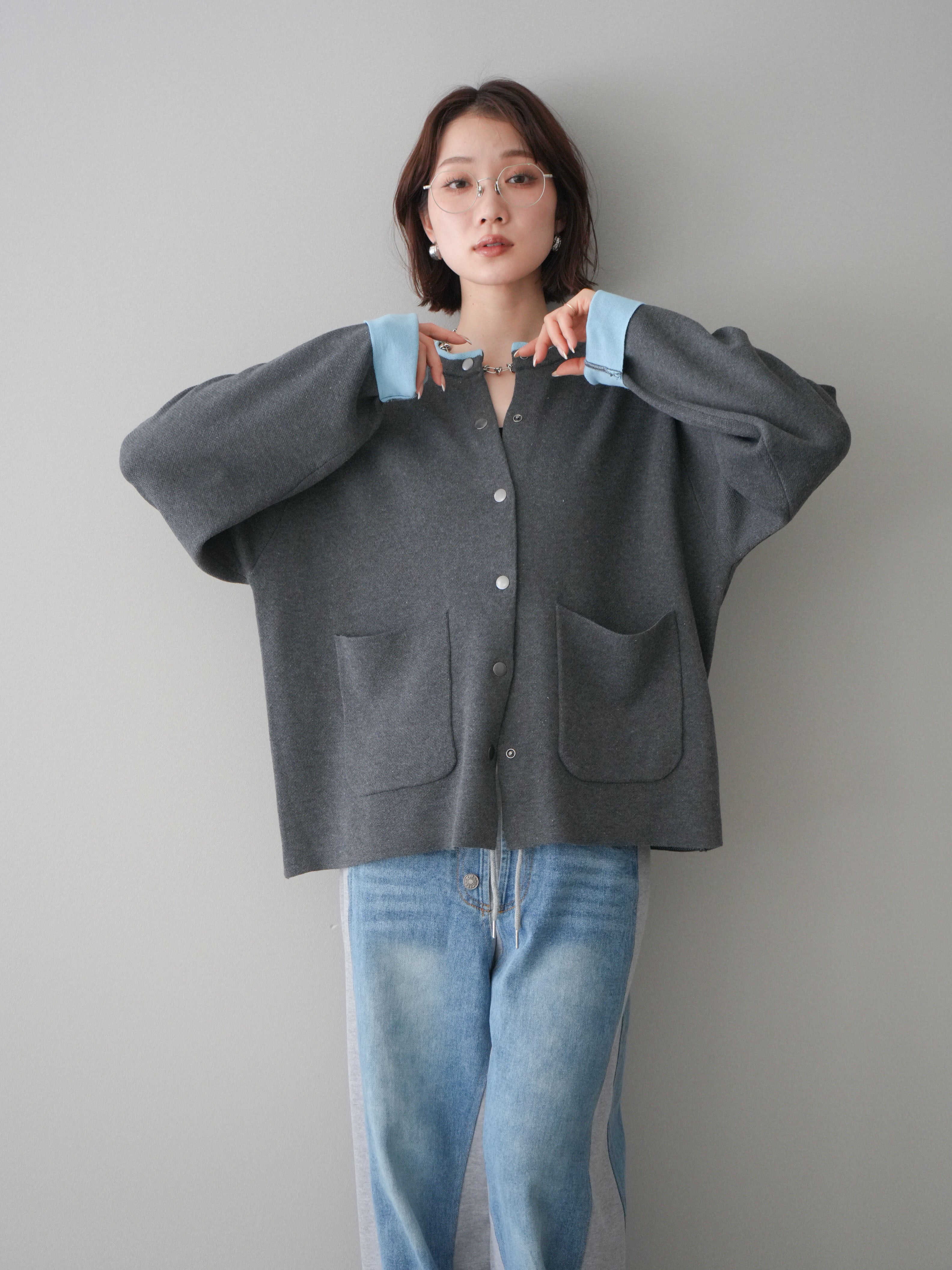 SET]バイカラーオーバーニットカーディガン+デニム切替スウェット