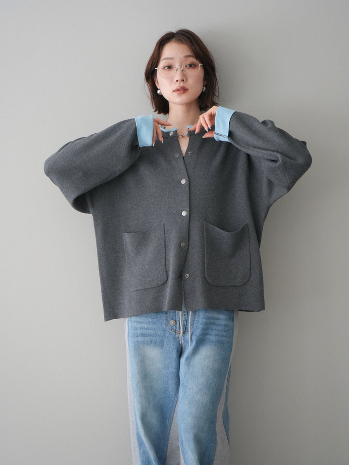 [SET]バイカラーオーバーニットカーディガン+デニム切替スウェットパンツ(2set)