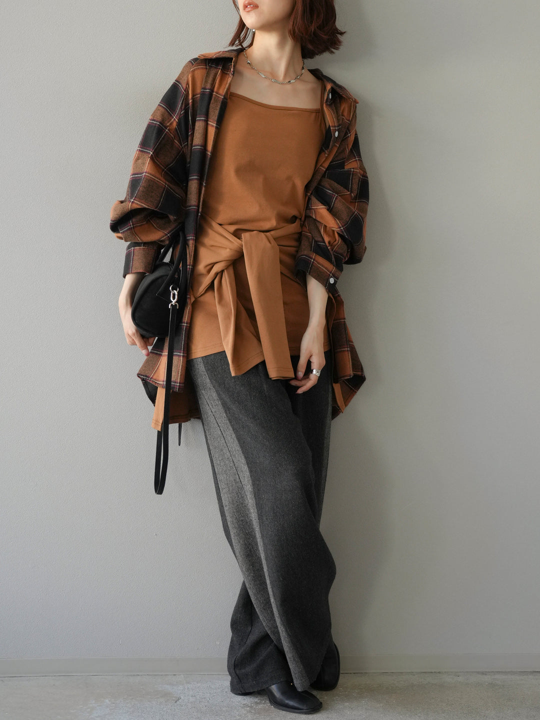 [予約]カップ付キャミ付チェックシャツチュニック/ブラウン