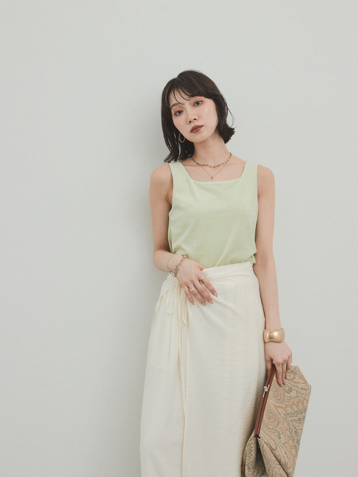 [SET]スクエアベロアタンクトップ+ワッシャーサテンレイヤードスカートパンツ(2set)