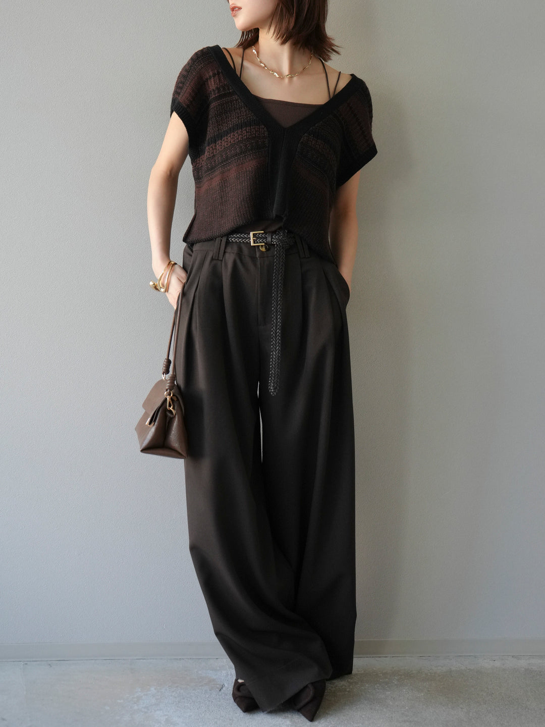 [予約]ガーター編み2WAYニットベスト/ブラウン×ブラック