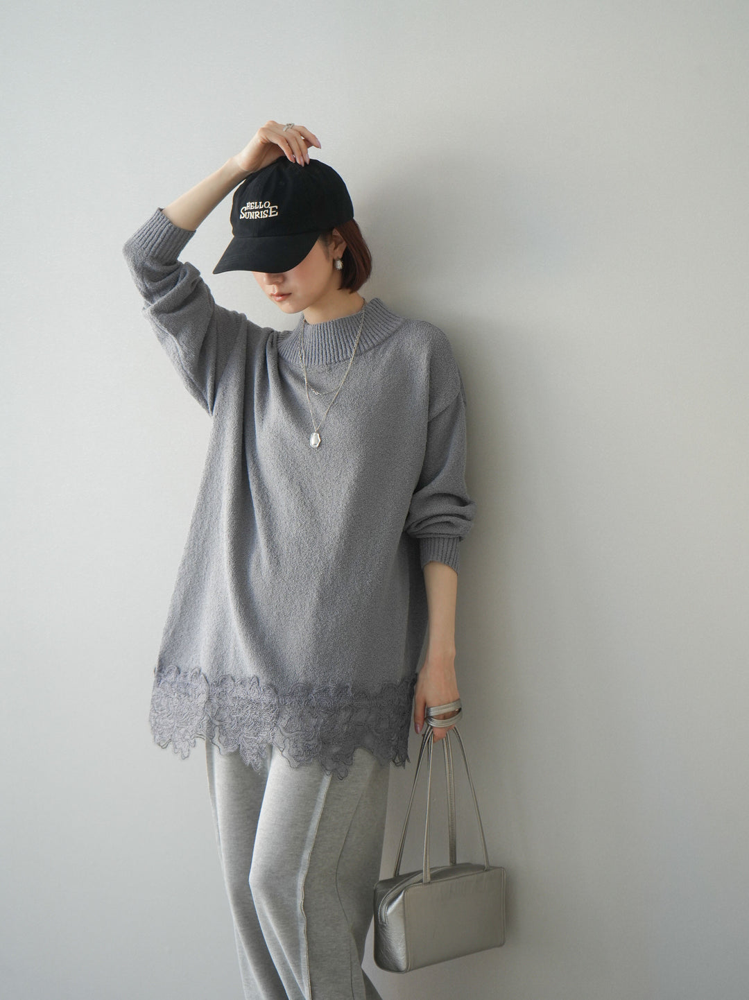 [SET]アシンメトリーレースヘムニットプルオーバー+2WAYデザインスウェットパンツ(2set)