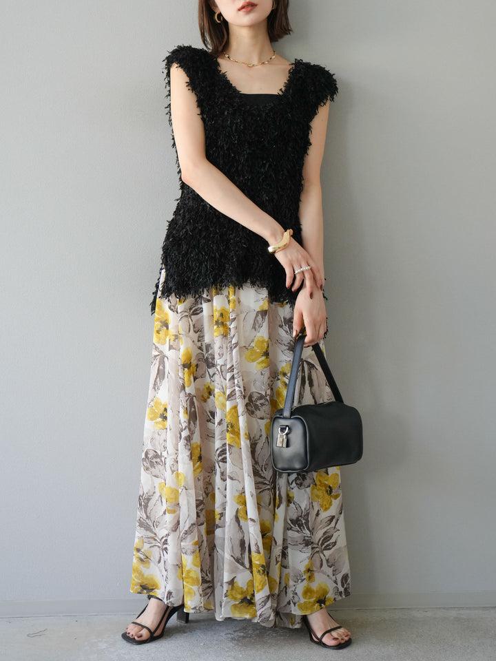 [予約]フラワープリントボリュームフレアスカート/イエロー