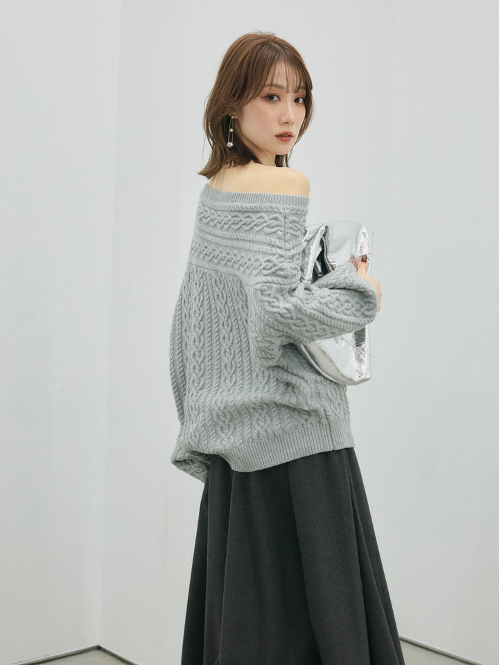 【Allure】[SET]ケーブルワンショルニットプルオーバー+ウールタッチフレアスカート(2set)